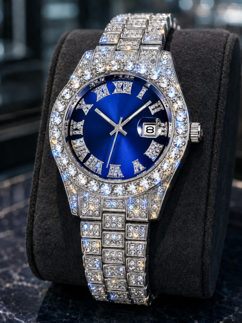 Silver Iced Out Blue Dial Simulated Diamond Stainless Steel Date Men’s Watch